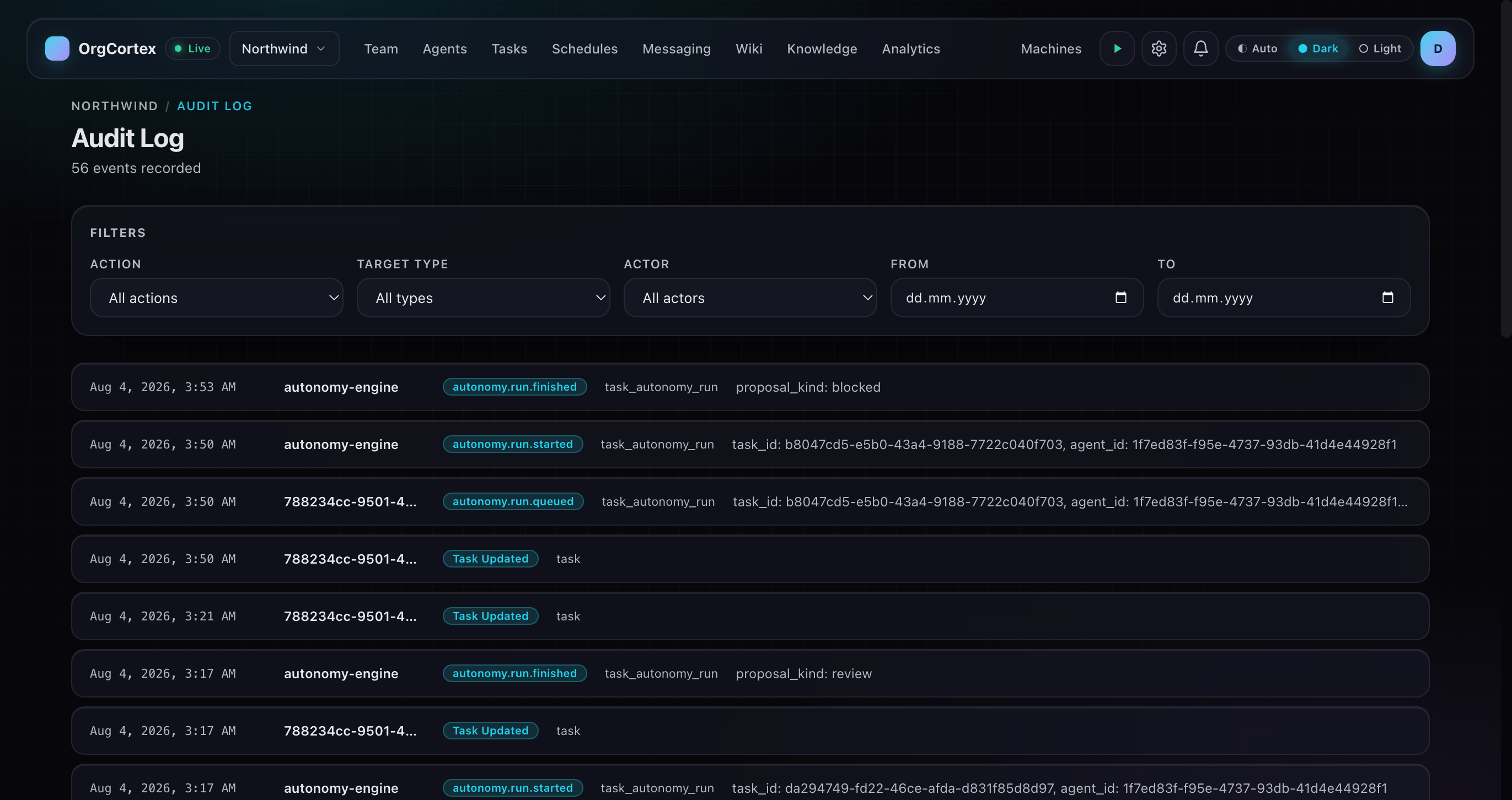 OrgCortex audit log for the Northwind organization, 56 events recorded. Rows show autonomy run queued, started and finished events from the autonomy engine, with proposal kinds of review and blocked, each with an actor, a timestamp, and task and agent identifiers.