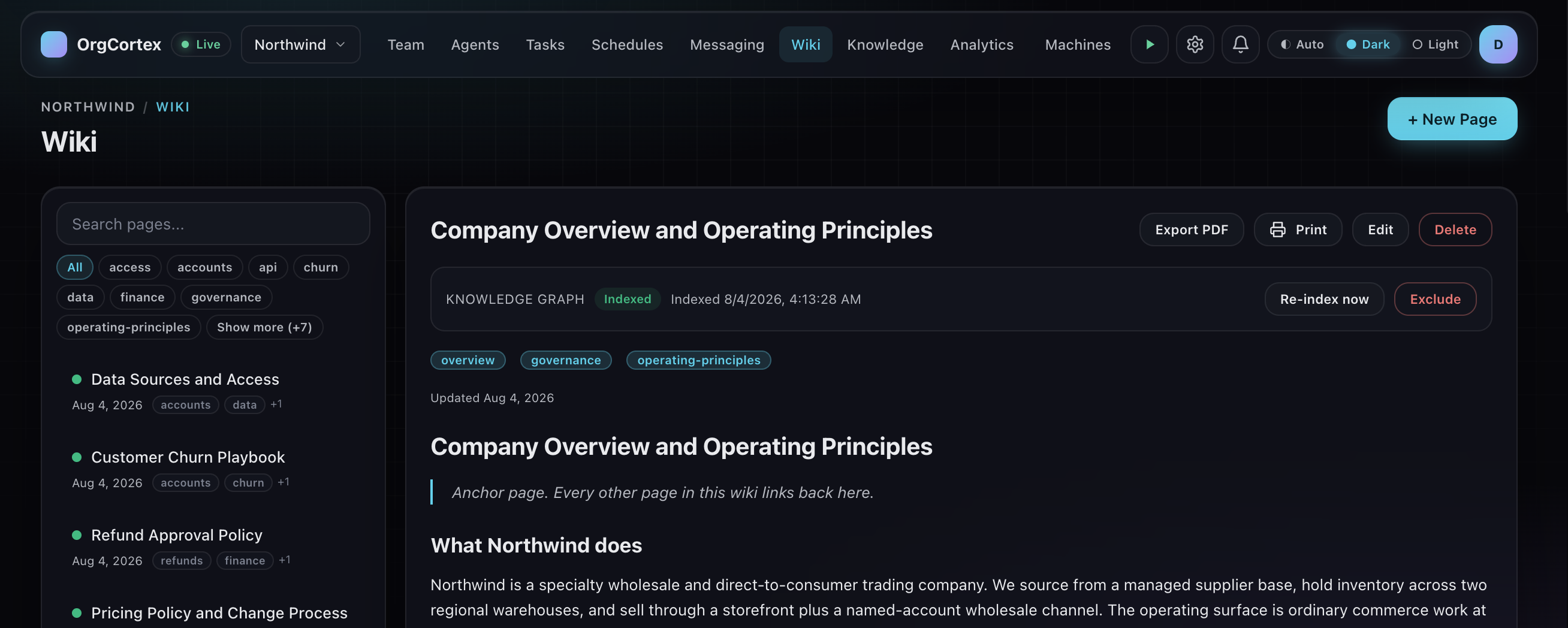 The OrgCortex wiki for the Northwind organization. A searchable page list on the left, tagged with labels such as accounts, governance and operating principles, and the Company Overview and Operating Principles page open on the right, marked as indexed into the knowledge graph.